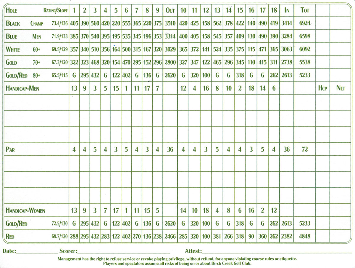 Birch Creek Golf Club Scorecard